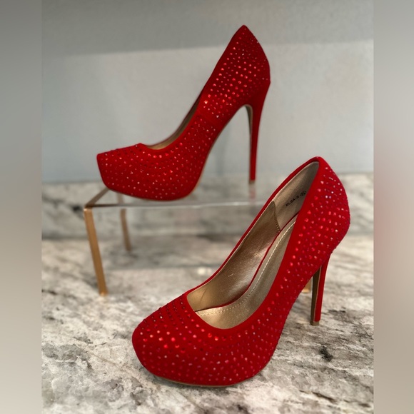 Red Glitter, Rhinestone Platform Pumps Sz - Picture 4 of 12